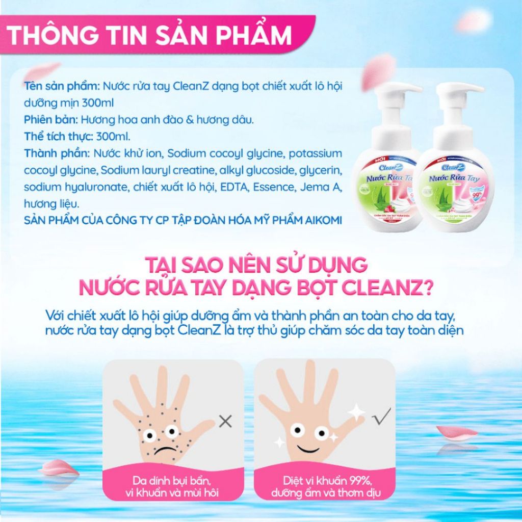 Nước Rửa Tay Bọt Tuyết CleanZ Aikomi 300ML (Làm Sạch, Diệt Khuẩn, An Toàn Cho Da Tay)