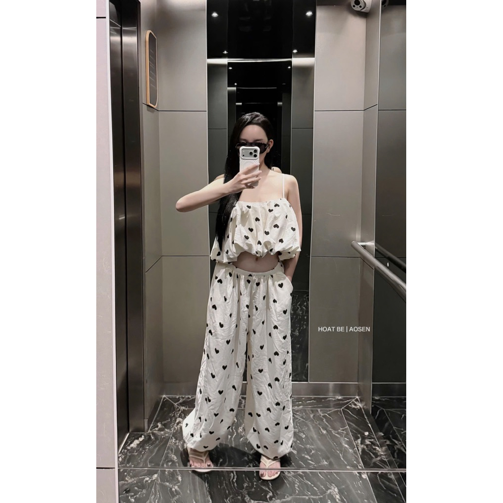 Set chấm bi áo hai dây mix quần dài xuông chấm bi