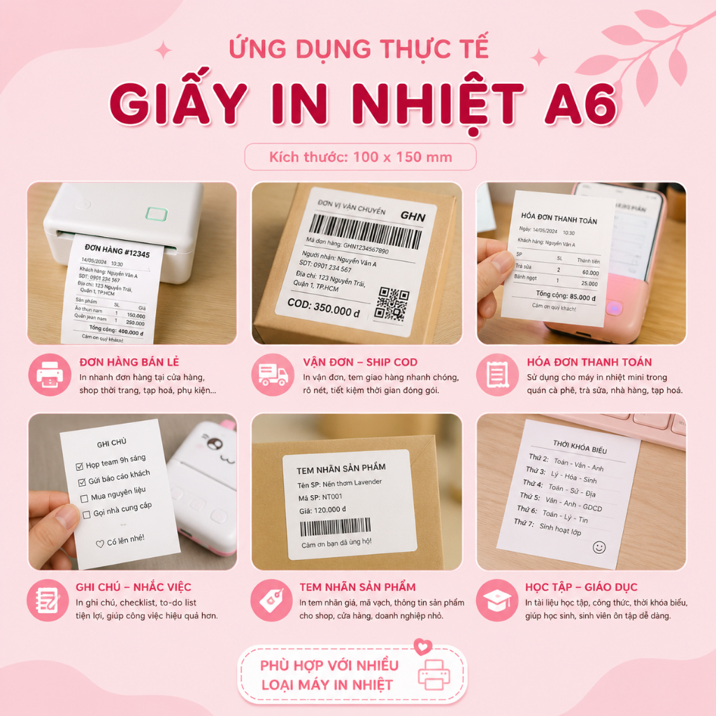 [3-6-10 TỆP] Tem nhiệt chống nước A6 100x150 | Tem vận đơn Shopee TikTok | Bám dính tốt | Không phai chữ