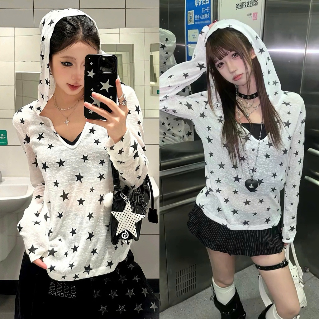 Áo thun giấy dài tay màu trắng cổ V hoodie học tiết ngôi sao nhỏ cá tính ATDT083 - Tiktik