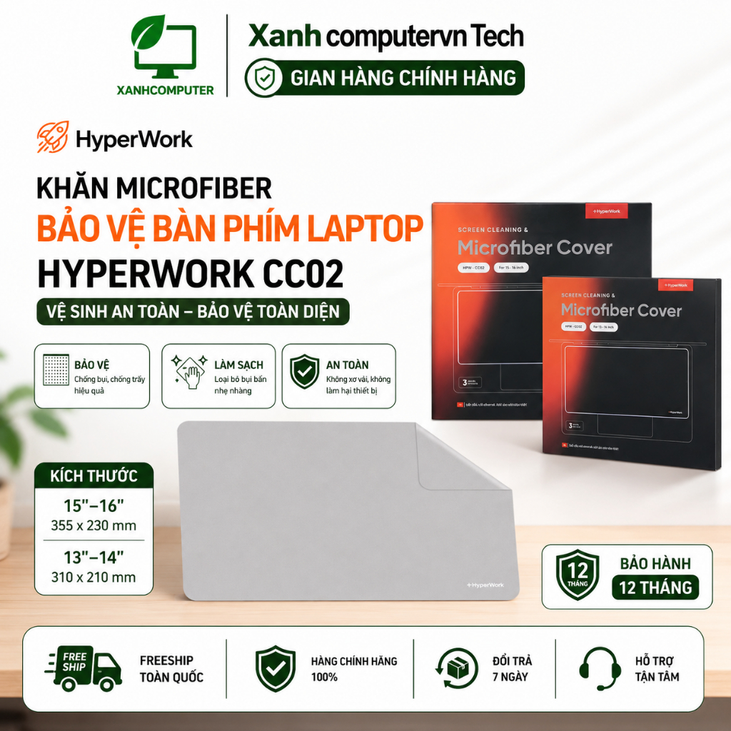 Khăn Microfiber Bảo Vệ Bàn Phím Laptop Hyperwork CC02 - Chính Hãng