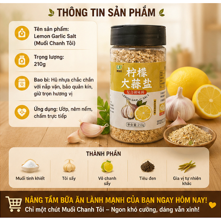 Muối Chanh Tỏi Ăn Kiêng Lemon Garlic 210g – Gia Vị Tổng Hợp Ướp Đồ Nướng, Làm Salad Healthy