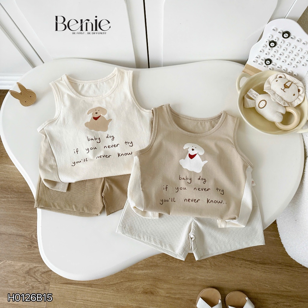 Bộ ba lỗ cún nhỏ tinh nghịch unisex cho bé, bộ cotton ba lỗ mềm mát dễ thương