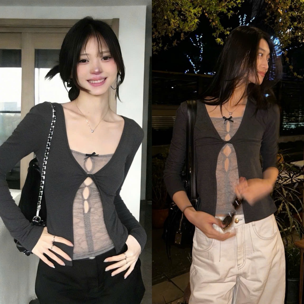 (SẴN)Áo thun dài tay màu xám kết hợp layer ren khuyết tròn nơ cá tính chất cotton co giãn ATDT082 - Tiktik