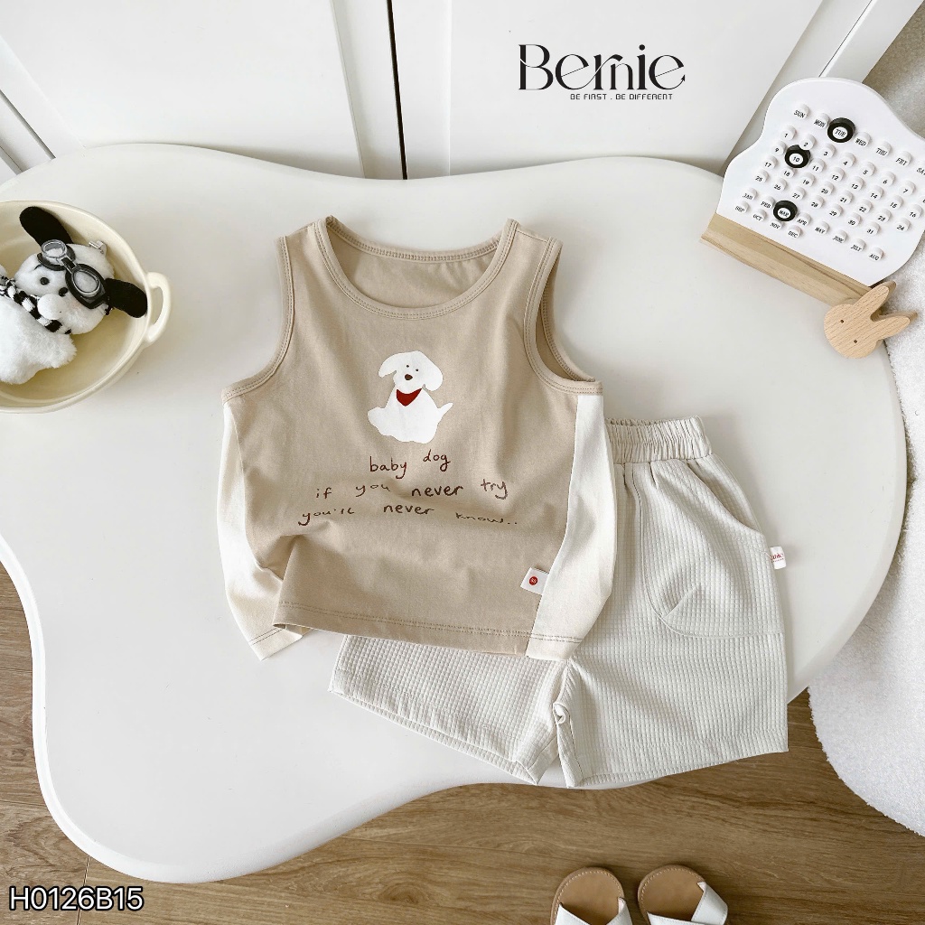Bộ ba lỗ cún nhỏ tinh nghịch unisex cho bé, bộ cotton ba lỗ mềm mát dễ thương