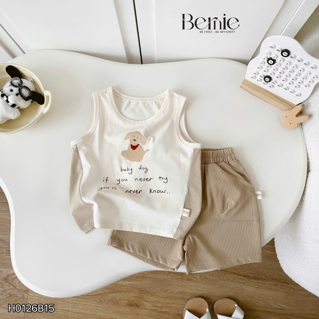 Bộ ba lỗ cún nhỏ tinh nghịch unisex cho bé, bộ cotton ba lỗ mềm mát dễ thương
