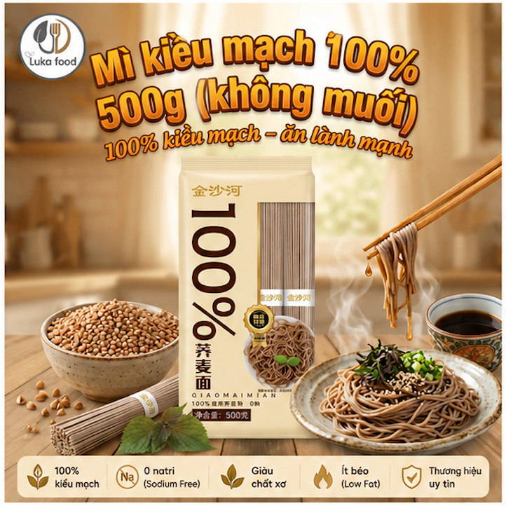 Mì Ăn Kiêng Kiều Mạch 100% Jinshahe (500g) – Mì Nguyên Cám, 0 Natri, Ít Calo, Eat Clean Luka Food