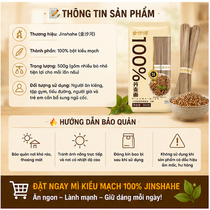 Mì Ăn Kiêng Kiều Mạch 100% Jinshahe (500g) – Mì Nguyên Cám, 0 Natri, Ít Calo, Eat Clean Luka Food