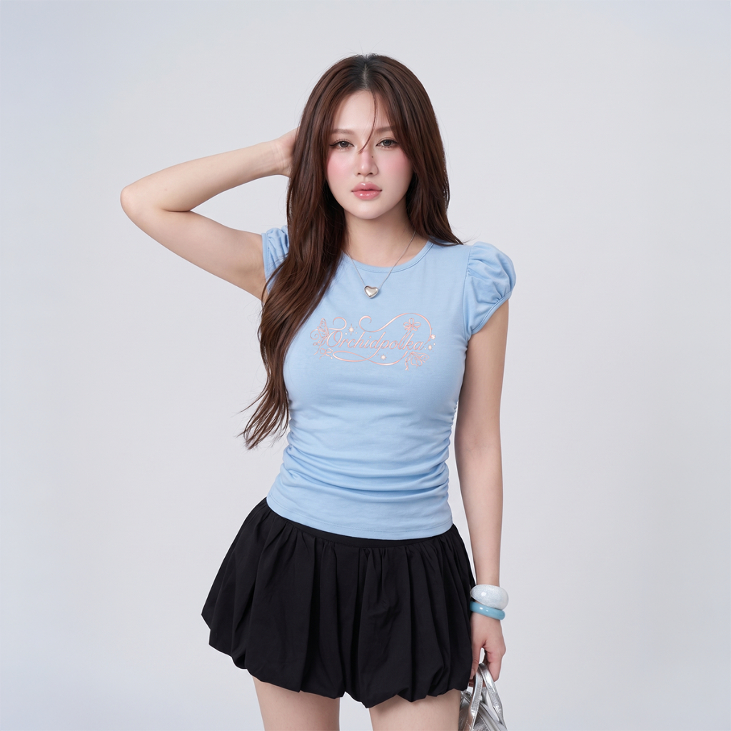 Áo Thun Nữ Tay Ngắn Kiểu Phồng PINKSTORE29 Nhún Eo In Chữ Dễ Thương A52104 | BigBuy360 - bigbuy360.vn
