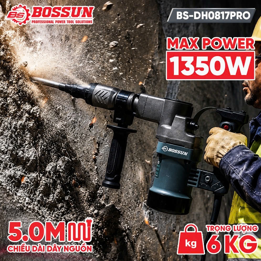 Máy Đục Bê Tông Điện BOSSUN BS-DH0817PRO 1350W 15J, Đầu Gài 17mm, Motor Dây Đồng, Máy Đục Công Trình Chuyên Dụng
