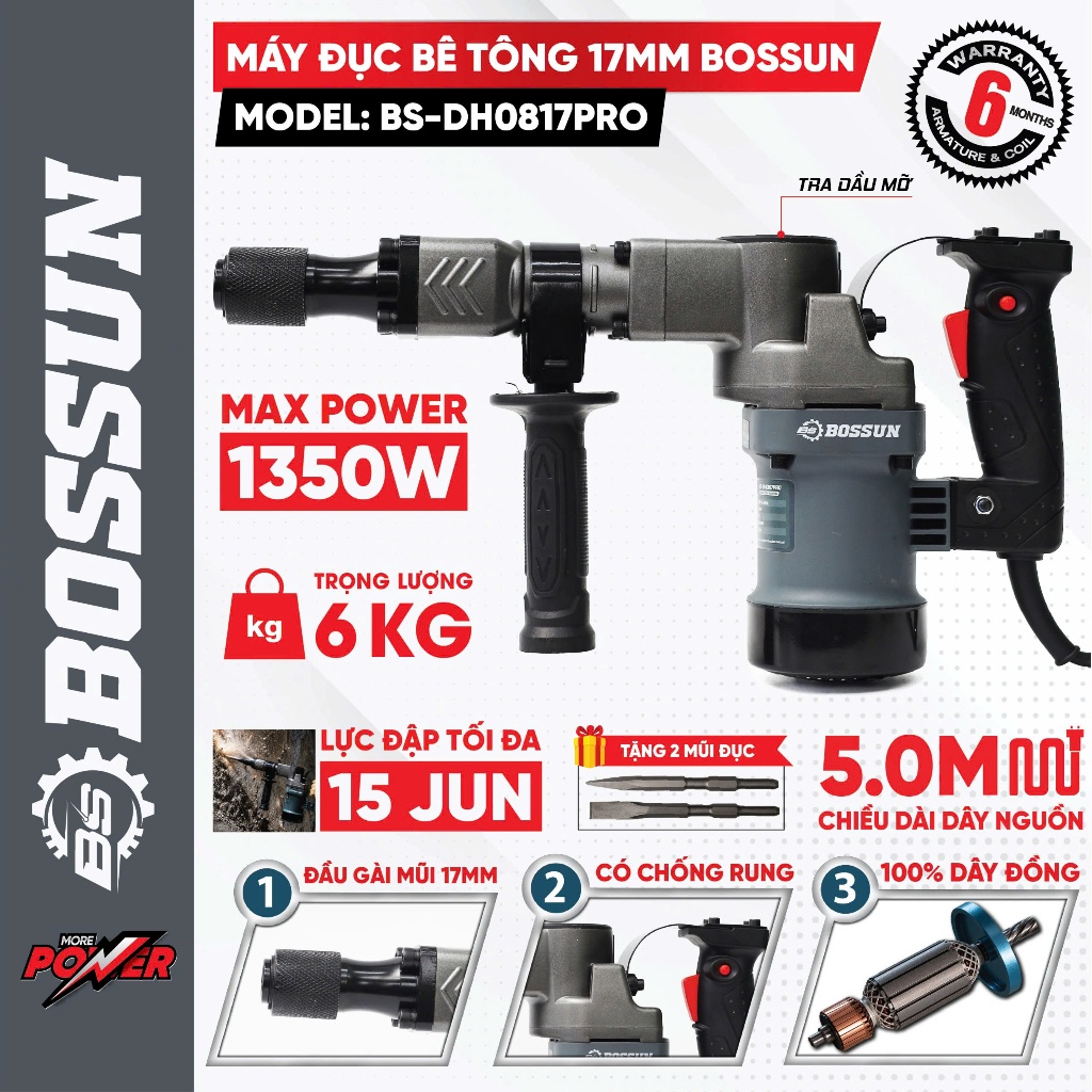 Máy Đục Bê Tông Điện BOSSUN BS-DH0817PRO 1350W 15J, Đầu Gài 17mm, Motor Dây Đồng, Máy Đục Công Trình Chuyên Dụng