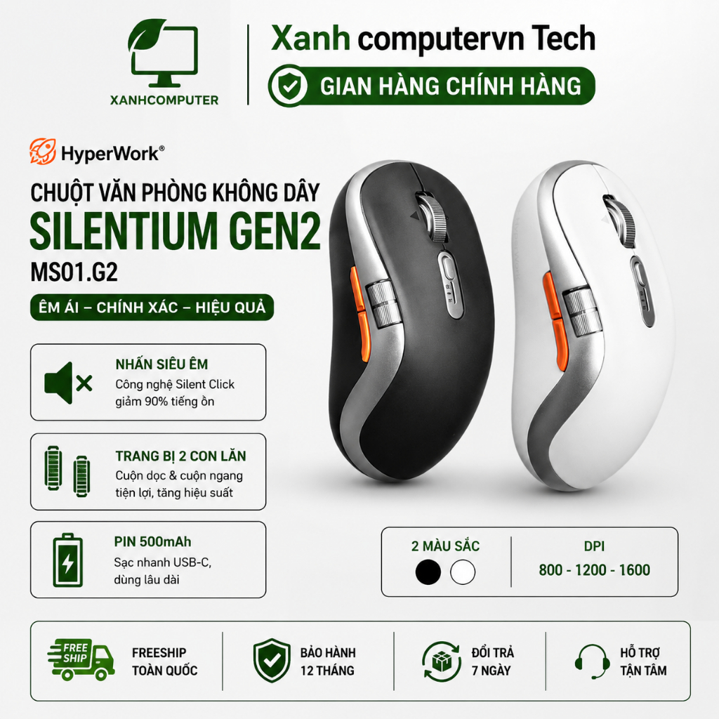Chuột văn phòng không dây HyperWork Silentium Gen2 MS01.G2, Pin 500mAh, Trang bị 2 con lăn - Hàng chính hãng