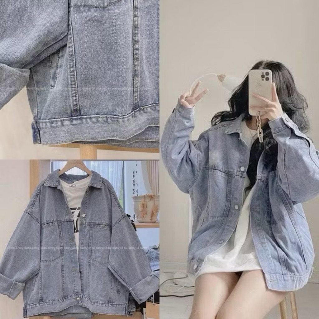 Áo khoác jeans nữ dáng thụng trơn xanh nhạt