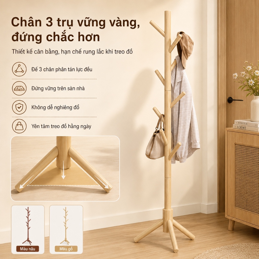 CONOCO Giá treo quần áo đứng bằng gỗ 175cm cây treo áo túi mũ 3 chân tiết kiệm diện tích