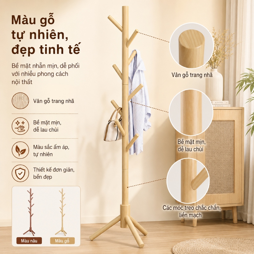 CONOCO Giá treo quần áo đứng bằng gỗ 175cm cây treo áo túi mũ 3 chân tiết kiệm diện tích