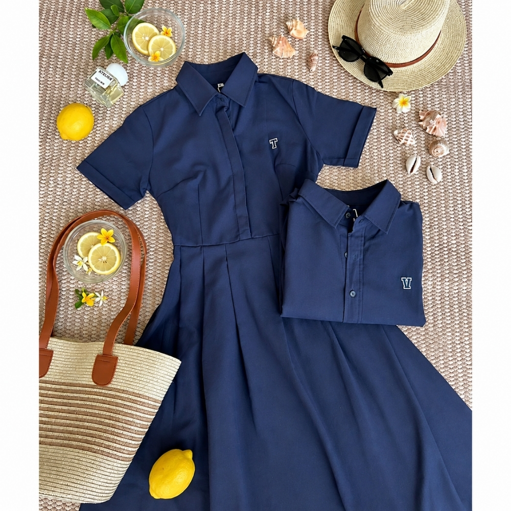 [HOẢ TỐC] Set Áo & váy sơ mi dáng dài Harmony thêu logo tên theo yêu cầu vải Oxford thanh lịch mặc đi làm, đi chơi