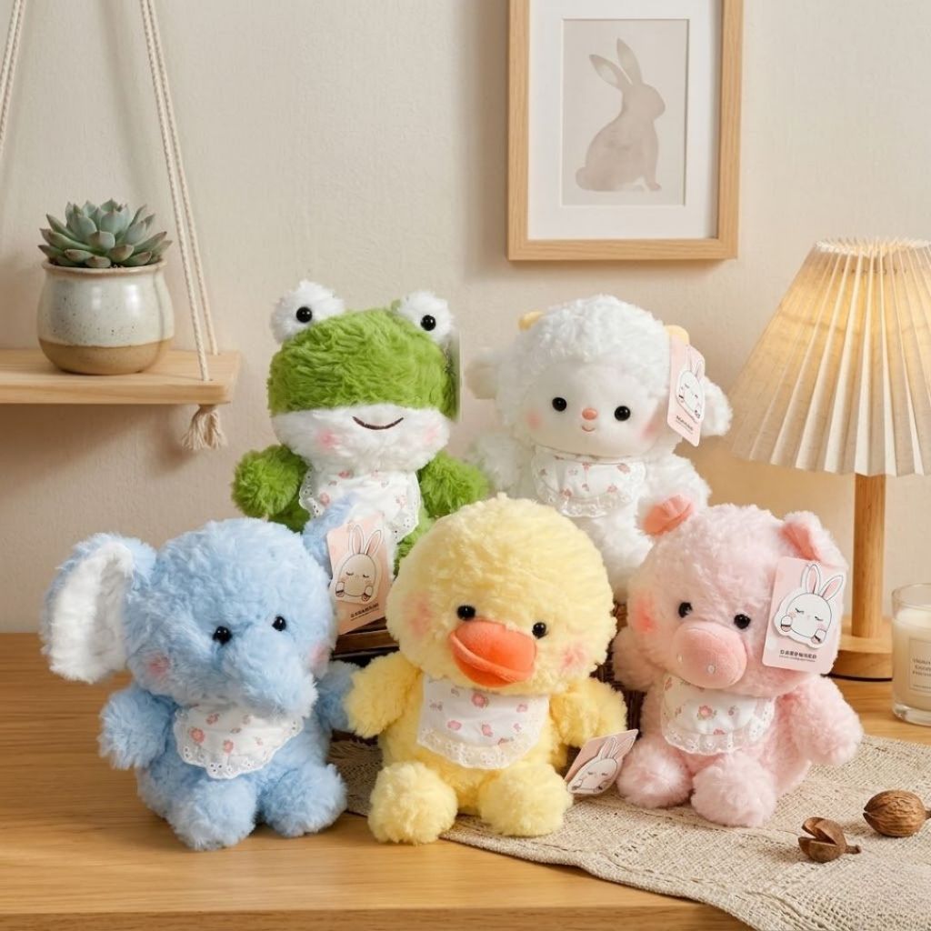 Gấu Bông Hình Thú Lông Xù Đeo Yếm Dễ Thương, Thú Nhồi Bông Vịt Heo Voi Cừu Mini Quà Tặng Sinh Nhật Cho Bé, Bạn Gái
