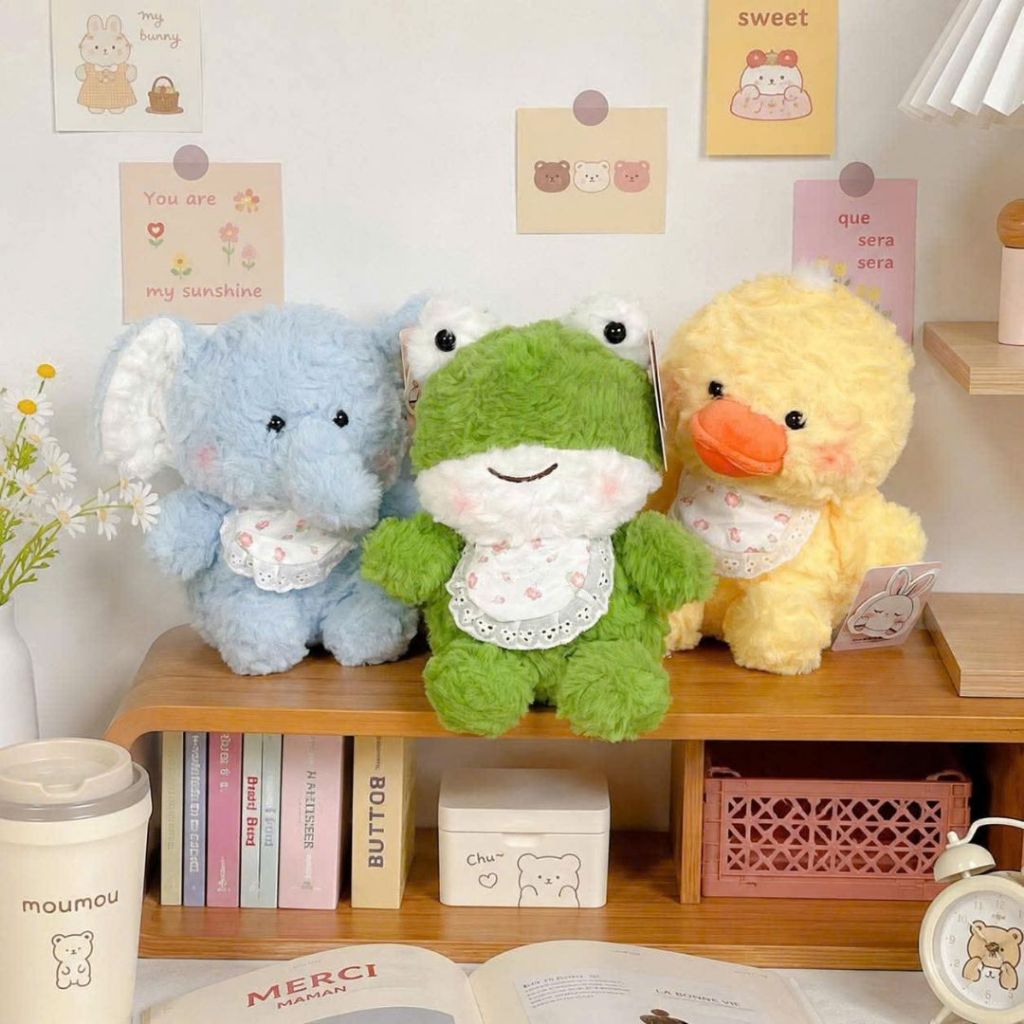 Gấu Bông Hình Thú Lông Xù Đeo Yếm Dễ Thương, Thú Nhồi Bông Vịt Heo Voi Cừu Mini Quà Tặng Sinh Nhật Cho Bé, Bạn Gái