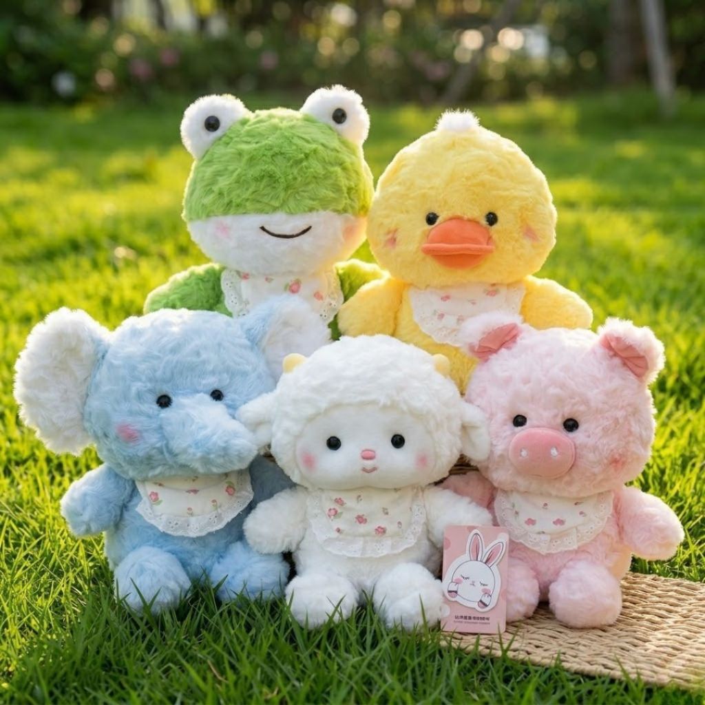 Gấu Bông Các Con Vật Mini Lông Xù Đeo Yếm Hoa Dễ Thương, Thú Nhồi Bông Động Vật 25CM Mềm Mại Quà Tặng Cho Bé, Decor