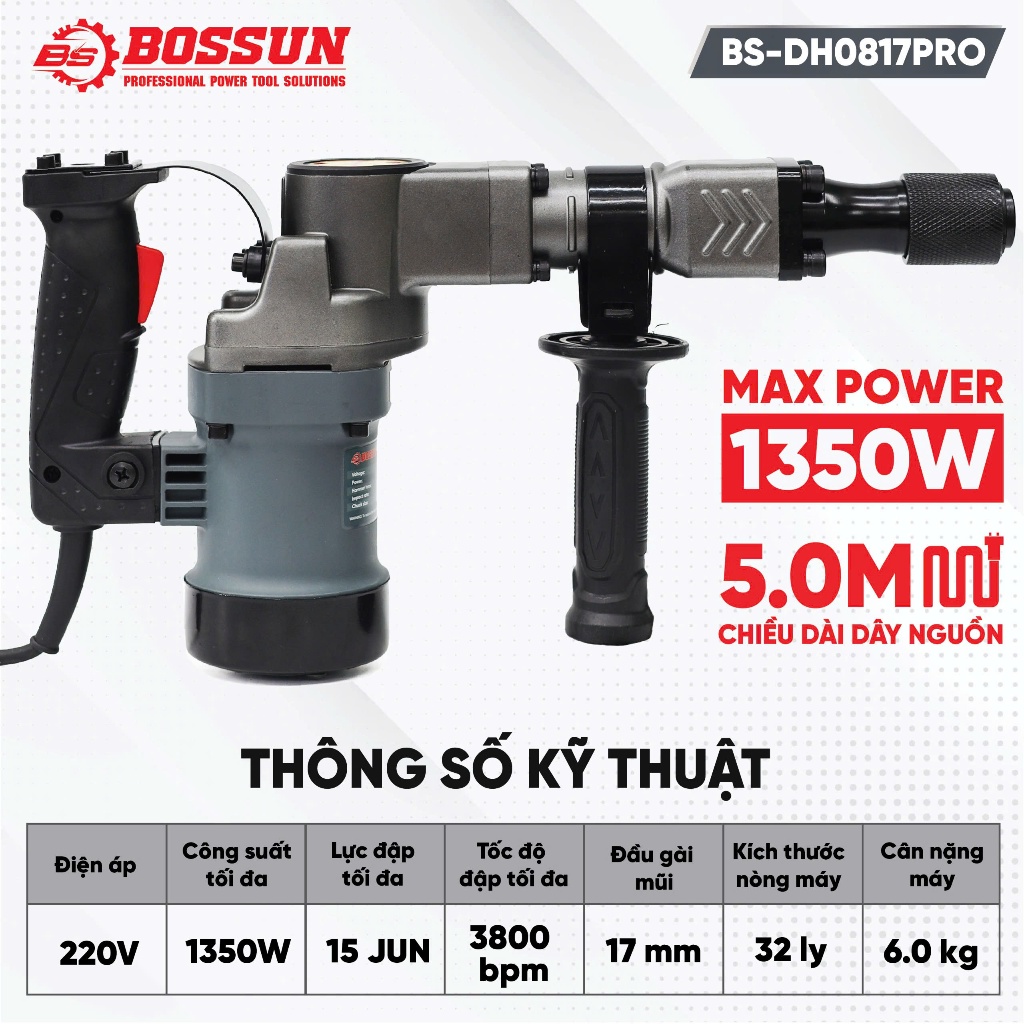 [TẶNG 2 MŨI ĐỤC] Máy Đục Bê Tông BOSSUN BS-DH0817PRO - Công Suất 1600W, Lực Đập 16J Siêu Mạnh, Kèm 2 Mũi Đục, Dây 5M