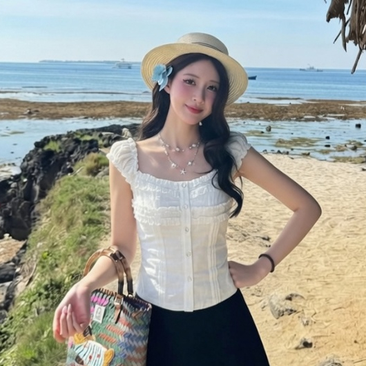 Áo Babydoll Kiểu Nữ Tay Phồng Mặc 2 Kiểu Phối Bèo Nhún Đi Biển Mùa Hè Kimee - KA869