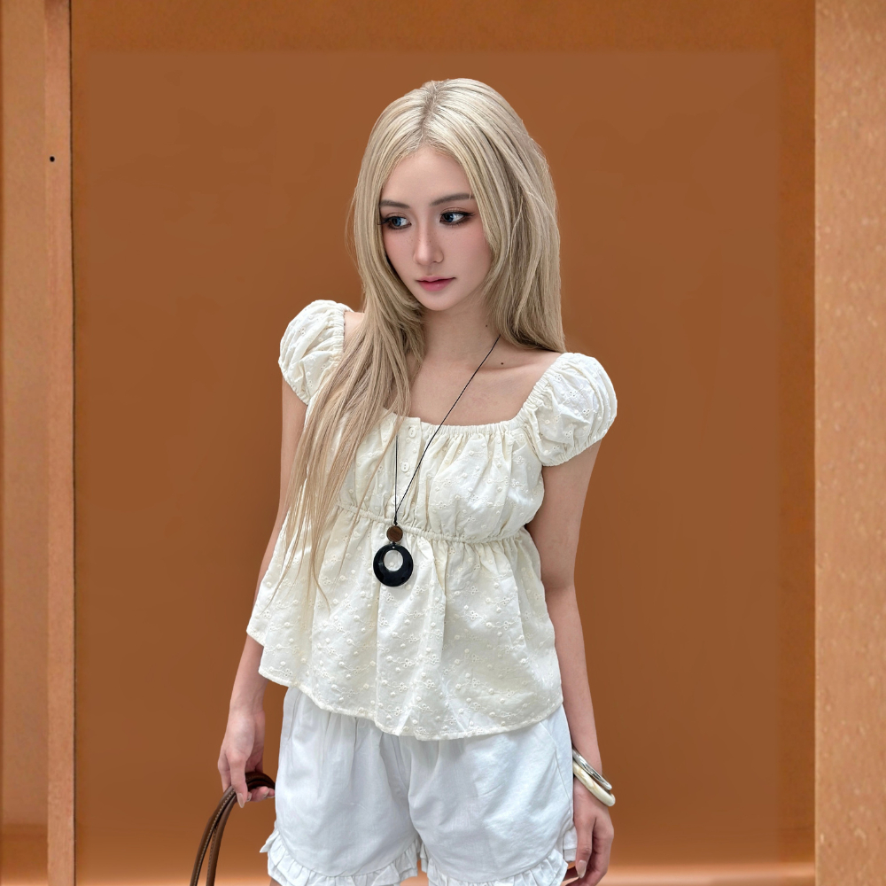 Áo babydoll nữ họa tiết hoa nhí Dana Miều Est.2013 áo nữ tay phồng chất vải xô thêu hoa