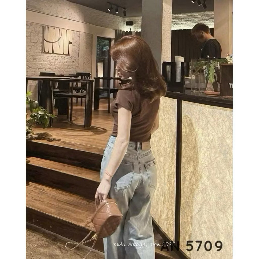 Quần Jean Nữ Suông  Lưng Cao Nắp Túi Sau
