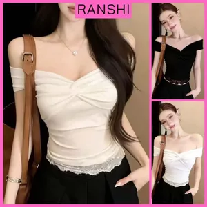 Áo Trễ Vai Nữ Tay Ngắn Xoắn Ngực Viền Ren RANSHI Vải Cotton Mịn Mát Co Giãn Ôm Body Gợi Cảm - RA363