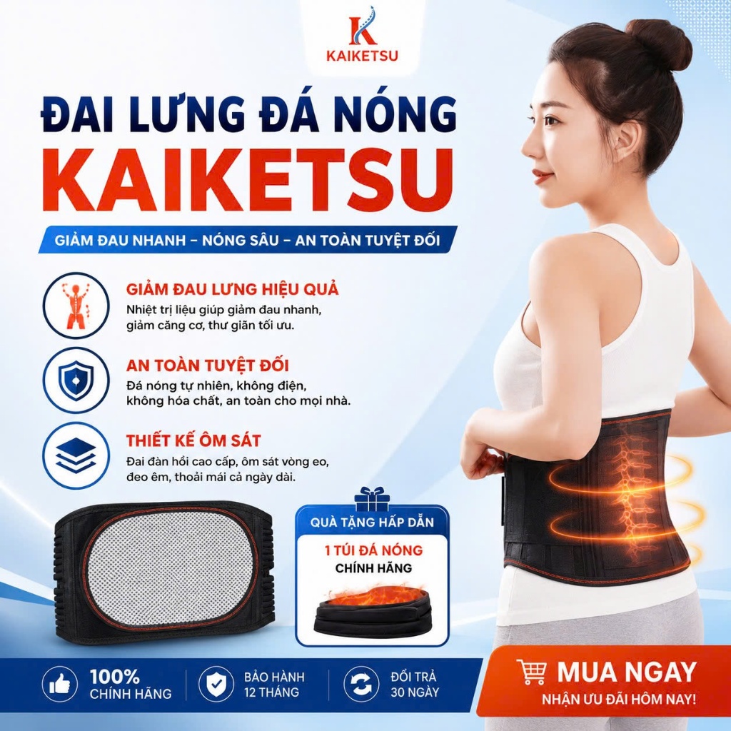 Đai lưng Kaiketsu trị liệu đá nóng hỗ trợ cột sống giảm đau mỏi và hỗ trợ thoát vị đĩa đệm hiệu quả - Bản POR