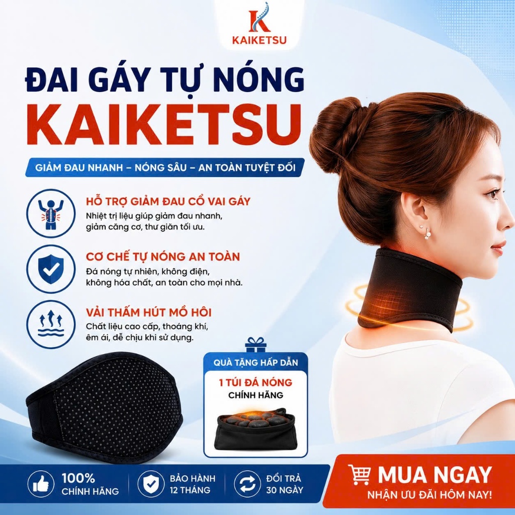 Đai đeo cổ KAIKETSU làm nóng từ tính hỗ trợ làm ấm cổ giảm đau nhức bảo vệ sức khỏe và thư giãn cơ thể mọi người