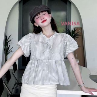 Áo babydoll ngắn tay dáng sơ mi rộng cổ phối dây buộc nơ voan mềm xanh đậm xanh nhạt trắng VANISA SMS103