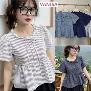 Áo babydoll nữ ngắn tay dáng suông vải voan mềm bánh bèo trắng xanh đậm xanh nhạt VANISA SMS103