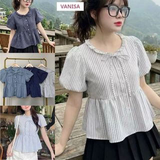 Áo babydoll ngắn tay dáng sơ mi rộng cổ phối dây buộc nơ voan mềm xanh đậm xanh nhạt trắng VANISA SMS103