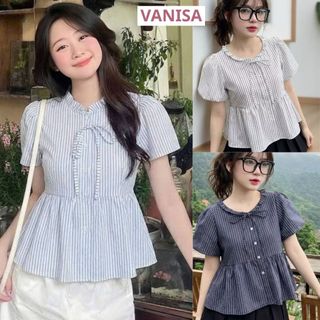 Áo sơ mi nữ babydoll bánh bèo cổ yếm phối dây buộc nơ tay ngắn xanh đậm xanh nhạt trắng VANISA SMS103