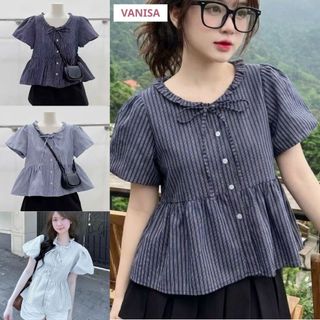 Áo sơ mi cổ yếm dây buộc dáng suông babydoll nữ xinh vaon mềm xanh đậm xanh nhạt trắng VANISA SMS103