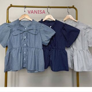 Áo babydoll ngắn tay dáng sơ mi rộng cổ phối dây buộc nơ voan mềm xanh đậm xanh nhạt trắng VANISA SMS103