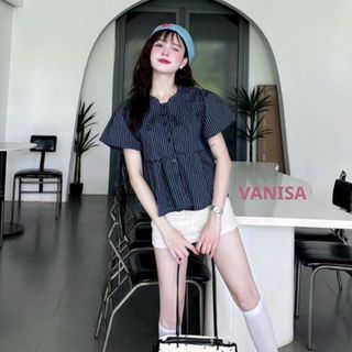 Áo babydoll ngắn tay dáng sơ mi rộng cổ phối dây buộc nơ voan mềm xanh đậm xanh nhạt trắng VANISA SMS103