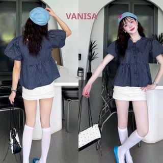 Áo sơ mi nữ babydoll bánh bèo cổ yếm phối dây buộc nơ tay ngắn xanh đậm xanh nhạt trắng VANISA SMS103