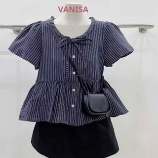 Áo babydoll ngắn tay dáng sơ mi rộng cổ phối dây buộc nơ voan mềm xanh đậm xanh nhạt trắng VANISA SMS103