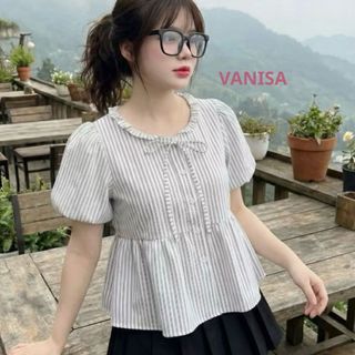 Áo sơ mi nữ babydoll bánh bèo cổ yếm phối dây buộc nơ tay ngắn xanh đậm xanh nhạt trắng VANISA SMS103