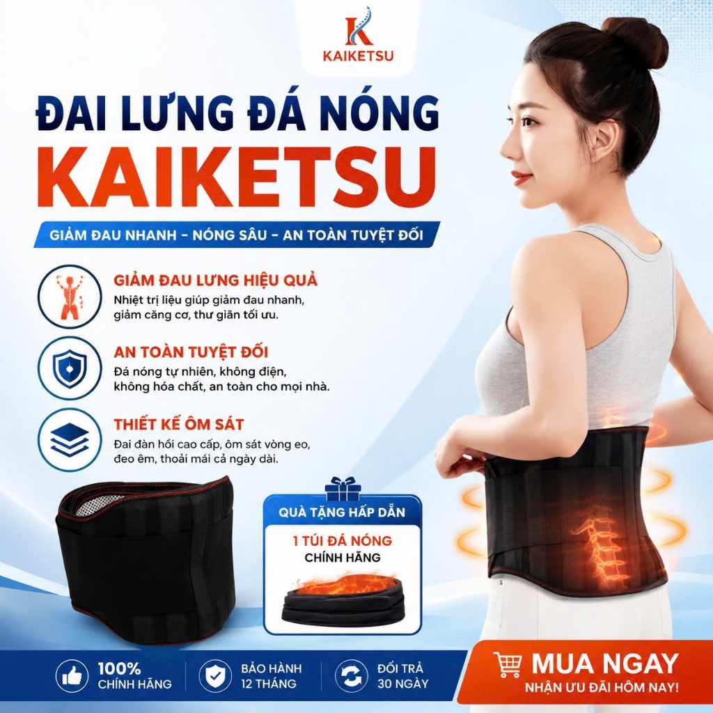 Đai lưng Kaiketsu trị liệu đá nóng hỗ trợ cột sống giảm đau mỏi và hỗ trợ thoát vị đĩa đệm hiệu quả
