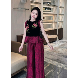 Sét áo nhung the phối tay bèo lụa thêu hoa + quần xuông lụa