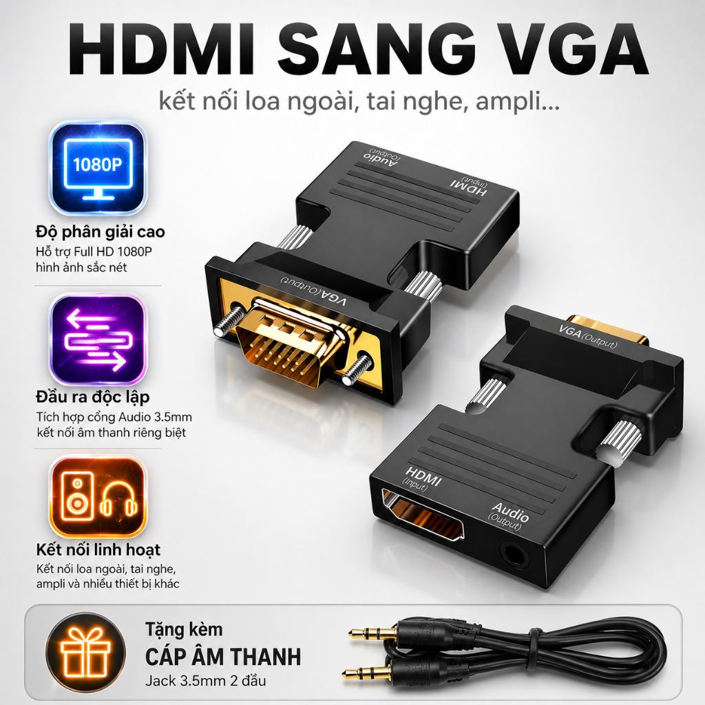 Đầu Chuyển Đổi HDMI Sang VGA Highlight Store Có Tích Hợp Audio 3.5mm