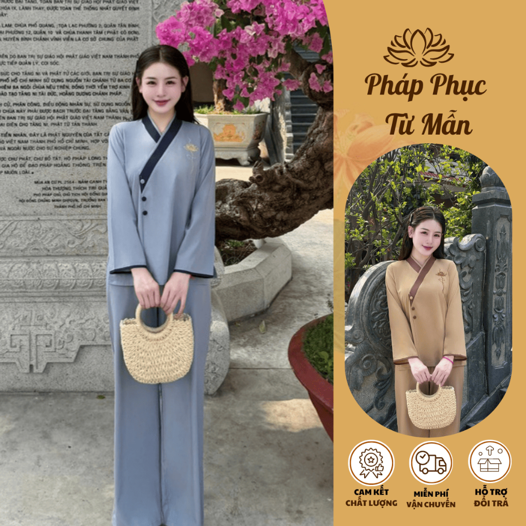 Đồ bộ đi chùa vạt chéo đính cúc bọc thêu hoa vải nhuyễn Pháp phục lễ chùa dài tay mềm mịn