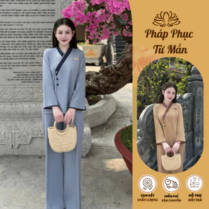 Đồ bộ đi chùa vạt chéo đính cúc bọc thêu hoa vải nhuyễn Pháp phục lễ chùa dài tay mềm mịn