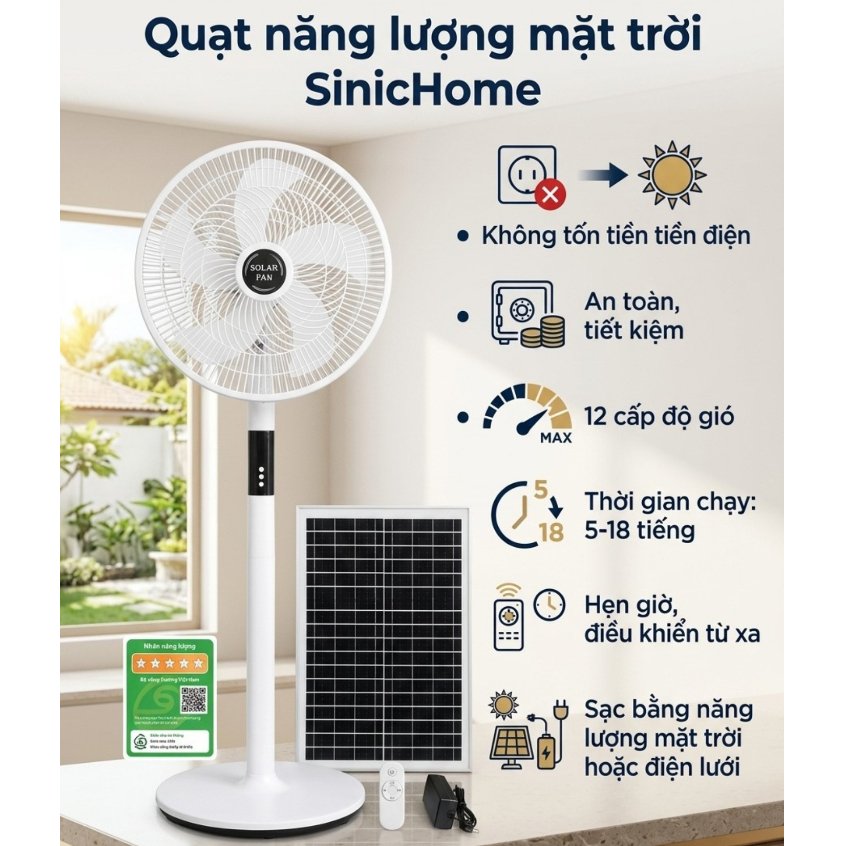 Quạt Năng Lượng Mặt Trời Tích Điện SinicHome Mẫu Cây Đứng, Chạy Êm Không Tiếng Ồn, 12 Cấp Độ Gió, Điều Khiển Từ Xa