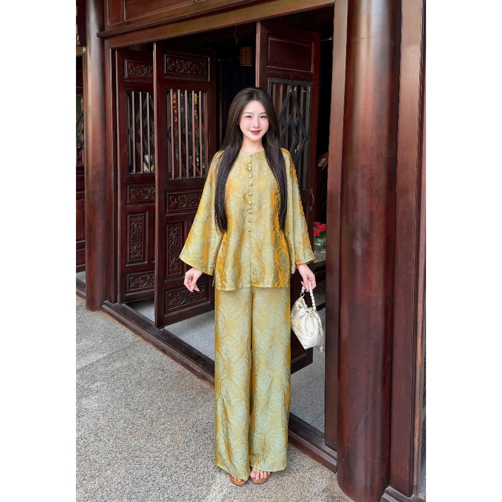 [Hạ Vy] Bà ba đi chùa Tằm cao cấp cổ tròn cúc bọc dài tay Pháp phục cách tân gấm vân Thọ mềm mịn