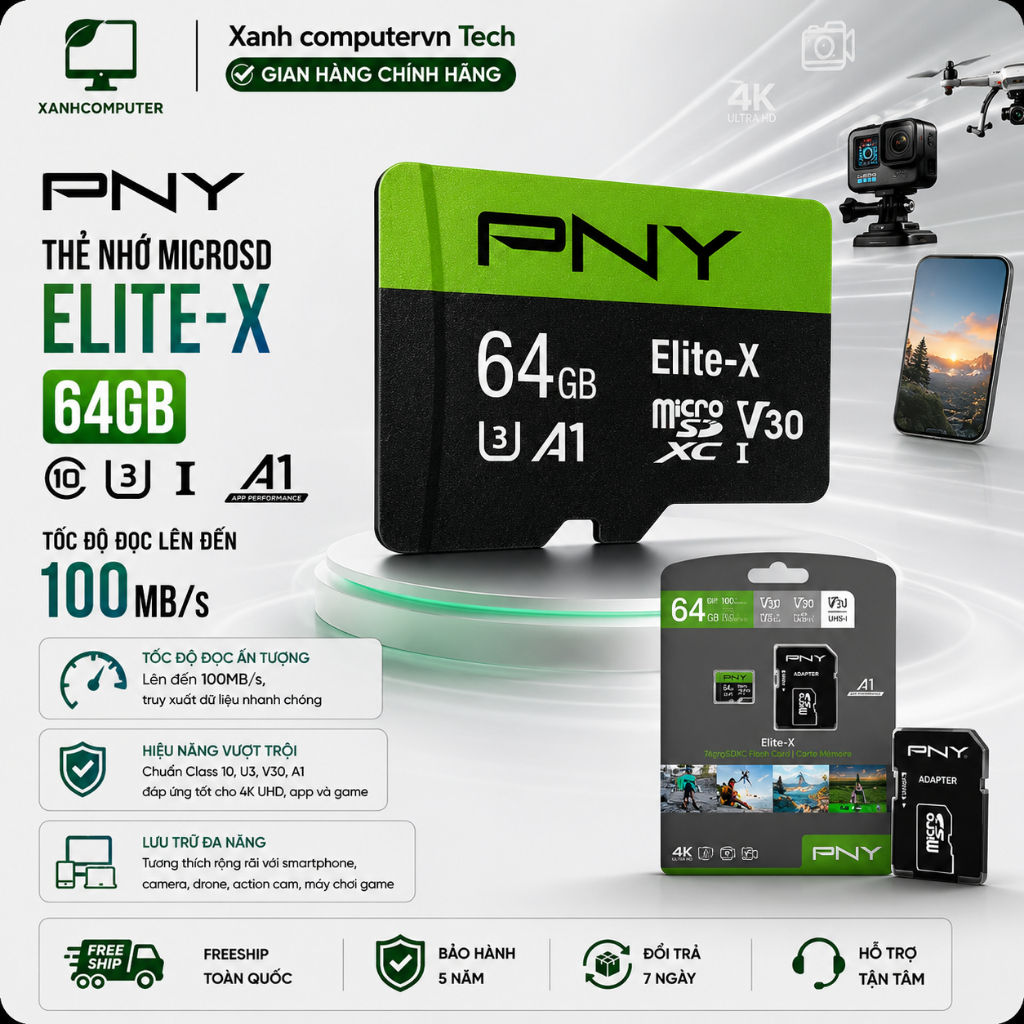 Thẻ nhớ MicroSD PNY Elite-X 64GB / Class 10, UHS-I, U3,Transfer speed up to 100MB/s - Chính Hãng
