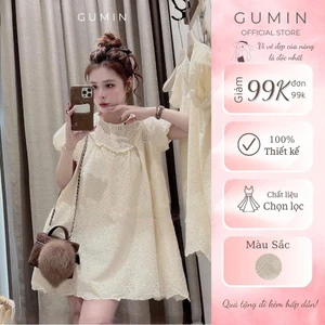 Đầm babydoll thô boi GUMIN thiết kế cổ tròn tay bồng dáng xoè nhẹ chữ A tiểu thư, váy dáng suông nữ thanh lịch sang trọn