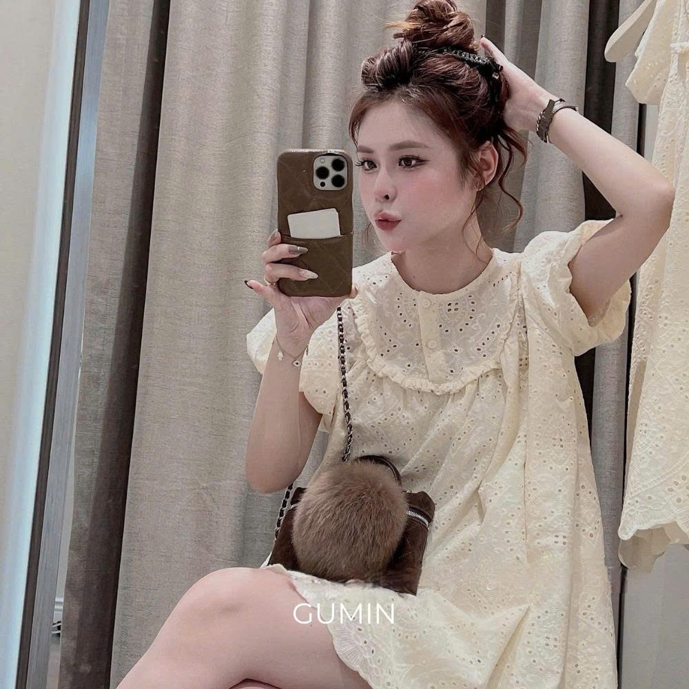 Đầm babydoll thô boi GUMIN thiết kế cổ tròn tay bồng dáng xoè nhẹ chữ A tiểu thư, váy dáng suông nữ thanh lịch sang trọn